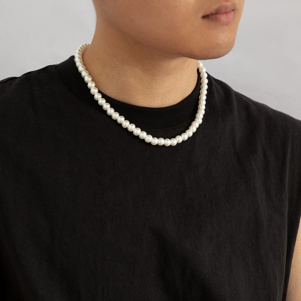 

Trendy Beaded Imitation Pearl Short Choker Necklace Men Simple Handmade Strand Beads Chain Necklaces 2026 Fashion Jewelry Collar белый