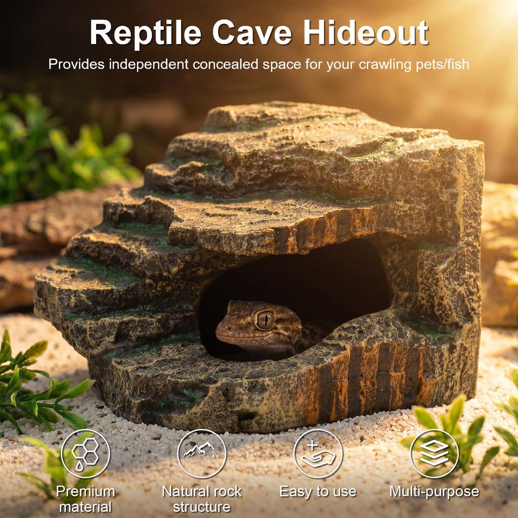 Reptile Hideout Cave Decorative Rock Basking Platform Aquarium and Terrarium Resin Ornament for Bearded Dragon Lizard Fish