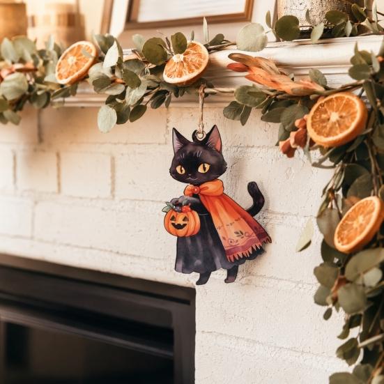 Vintage Wooden Witch Cat Pendant Halloween Hanging Ornament, Decorative Pendant, Rustic Pumpkin Ornament Cute Holiday Party Favors for Tree And