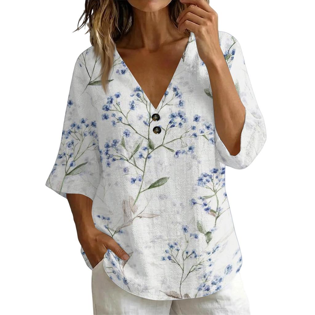 Womens V Neck Vintage Floral Print Loose Fit Short Sleeve Linen Blend T Shirt Lightweight Casual Summer Top with Button Detail