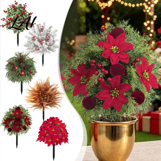 Outdoor Patio Christmas Accents Artificial Poinsettia Flower Yard Stake Red Floral Ground Spike Decor Potted Pine for Weather‑Resistant Fake Plant
