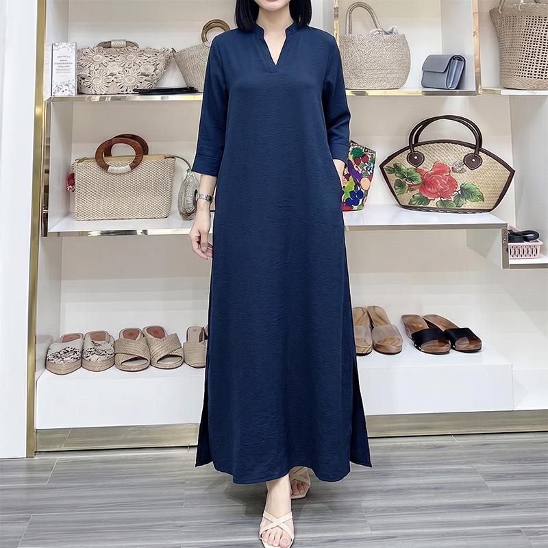 

ZANZEA Womens V-Neck Solid Color Casual 3/4 Sleeve Loose Long Dress S темно-синий