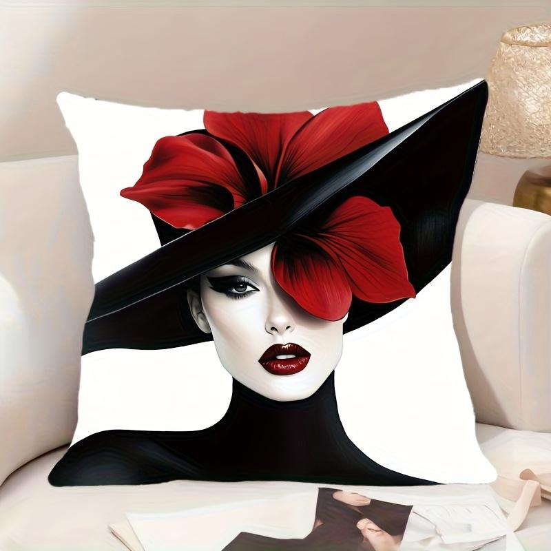 1Pc Fashion Lady Red Flower Hat Printed Throw Pillow Cover,Suitable For Sofa,Bedroom,Livingroom,A Unique Gift For Fashion Lovers