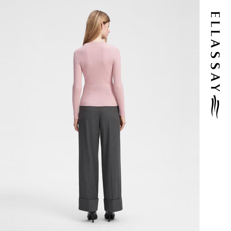 ELLASSAY Women's 2024 Autumn Merino Wool V-Neck Pleated Waist Knit Sweater