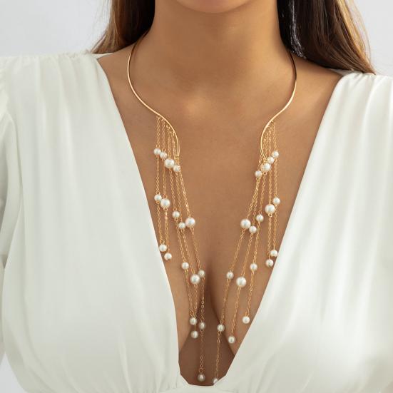 Dlouhý střapec Kovový otevřený choker Hvězda Imitace perlových korálků Střapec Límec Klíční kost Řetízek Náhrdelník Hrudník Tělové šperky pro ženy