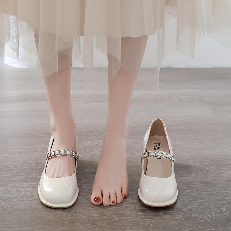 Fashion Metal Buckle One Strap Square Heel Single Shoes New Round Toe Shallow Mouth Mary Jane Shoes for Autumn