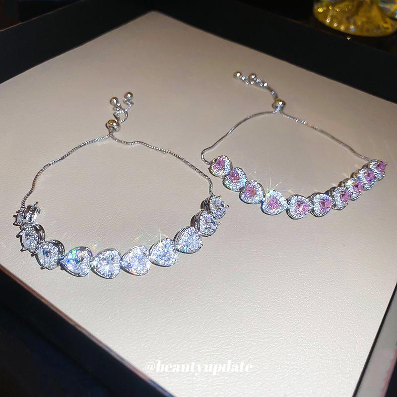 ins wind splicing pink diamond love bracelet girl heart sweet cool personality bracelet Spice girl wind light luxury jewelry