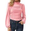 Fall New Women's Solid Color High Neck Pleated Slim Fit Long Lantern Sleeve T-shirt, European & American Style Casual Top for Women