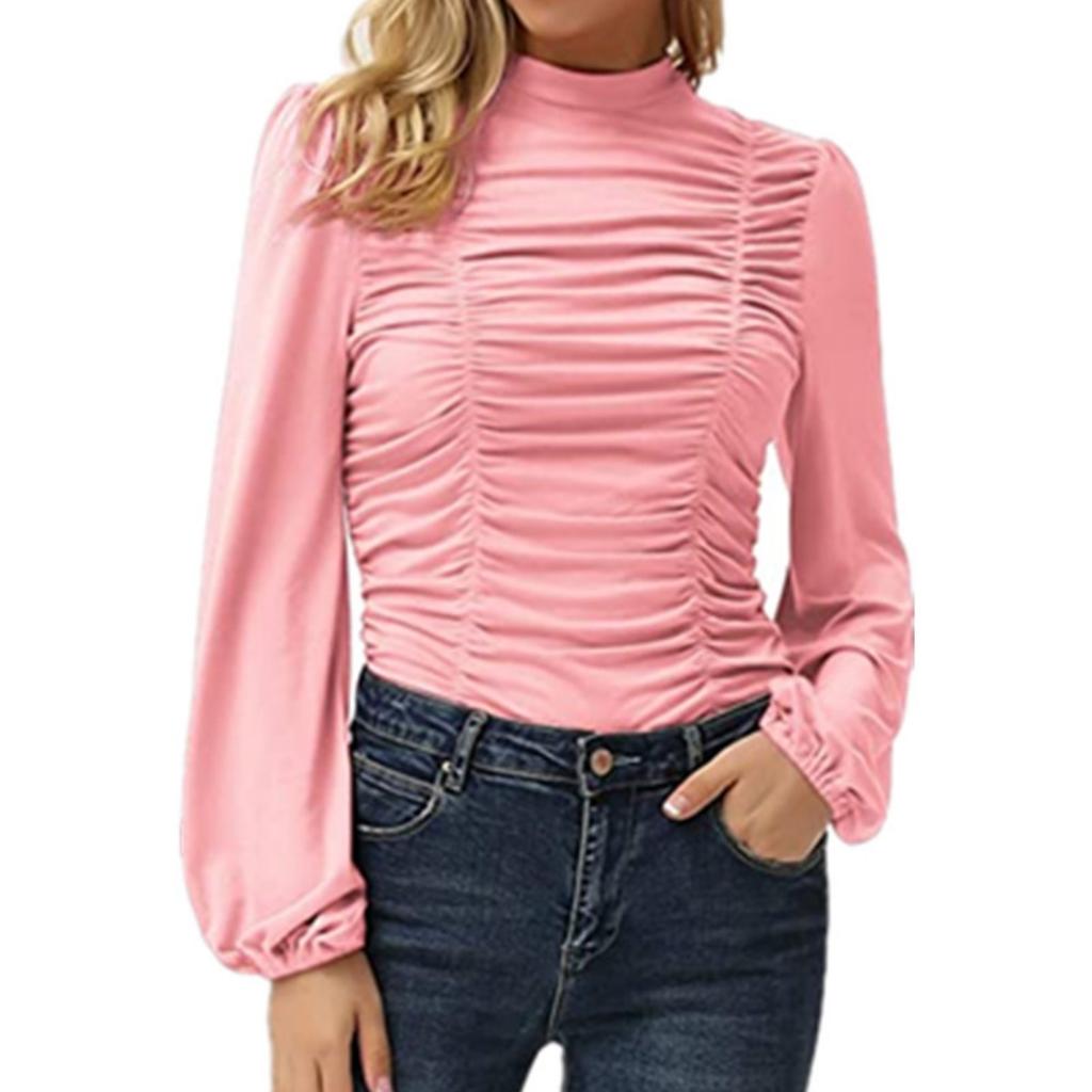 Fall New Women's Solid Color High Neck Pleated Slim Fit Long Lantern Sleeve T-shirt, European & American Style Casual Top for Women