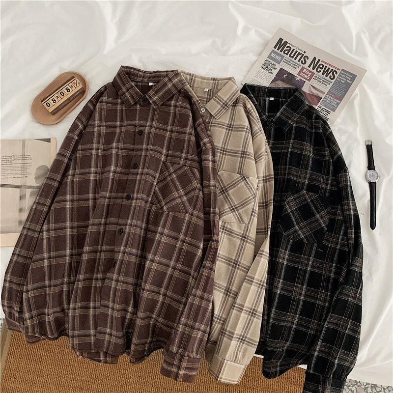 Spring Autumn Retro Long Sleeve Plaid Shirt Korean Fashion Versatile Autumn Plaid Shirt Loose Versatile Top