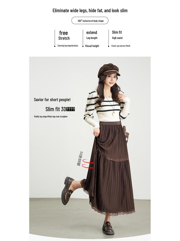 Autumn 2025 Korean-Style Lace Patchwork Pleated Skirt for Women with Elastic Waist