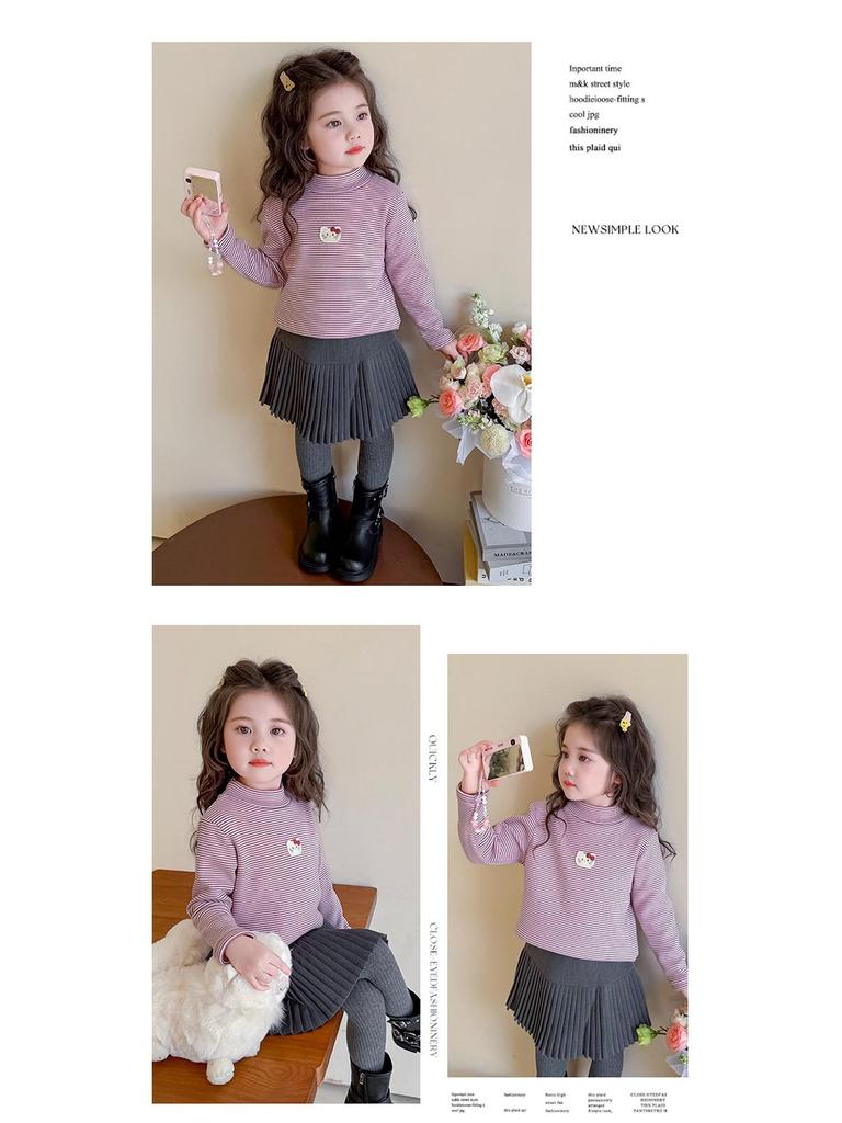Girls' Fleece-Lined Long-Sleeve T-Shirt - Autumn/Winter Semi-High Collar Top