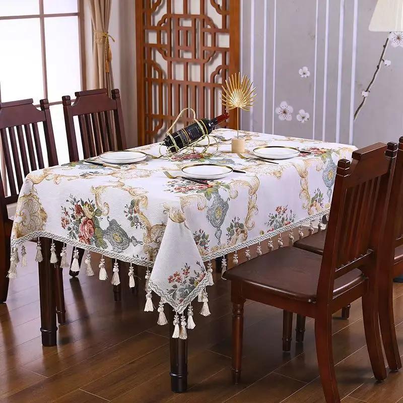European Embroidery Lace Tablecloths Floral Printed Tablecloth Rectangular Tassels Table Cover Cloth Wedding Decoration Towel