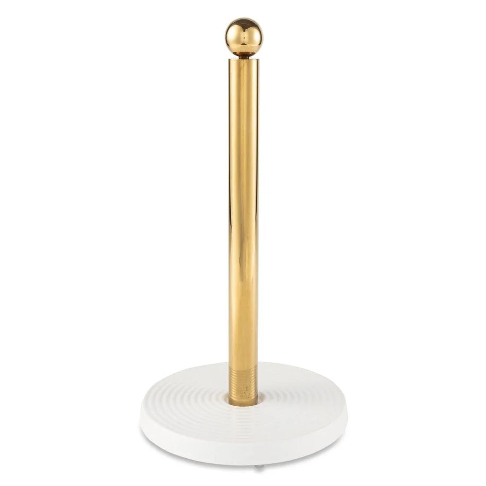 Elegant Paper Towel Holder Ribbed Ceramic Base Gold Center Post Kitchen Organizer Durable Design Stylish Countertop Accessory