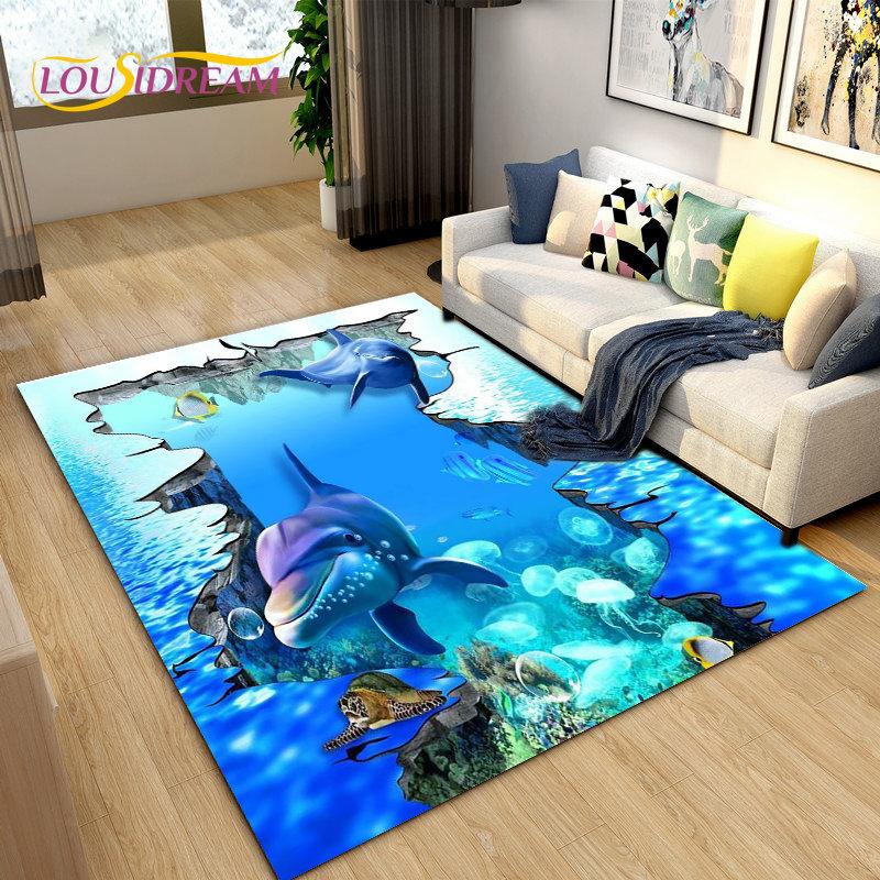 3D Seabed Illusion Underwater World Dolphin Shark Area Rug,Carpet Rug for Living Room Bedroom Sofa Doormat,Non-slip Floor Mat