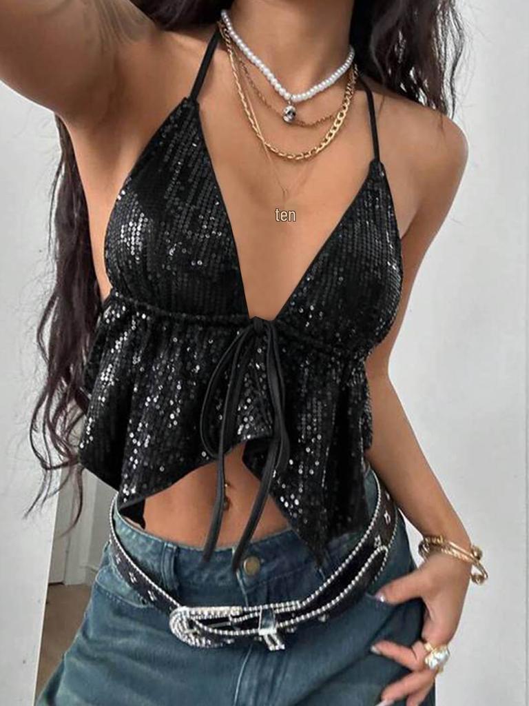 2026 V-Neck Sequined Camisole Top: European & American Women's Summer Fashion