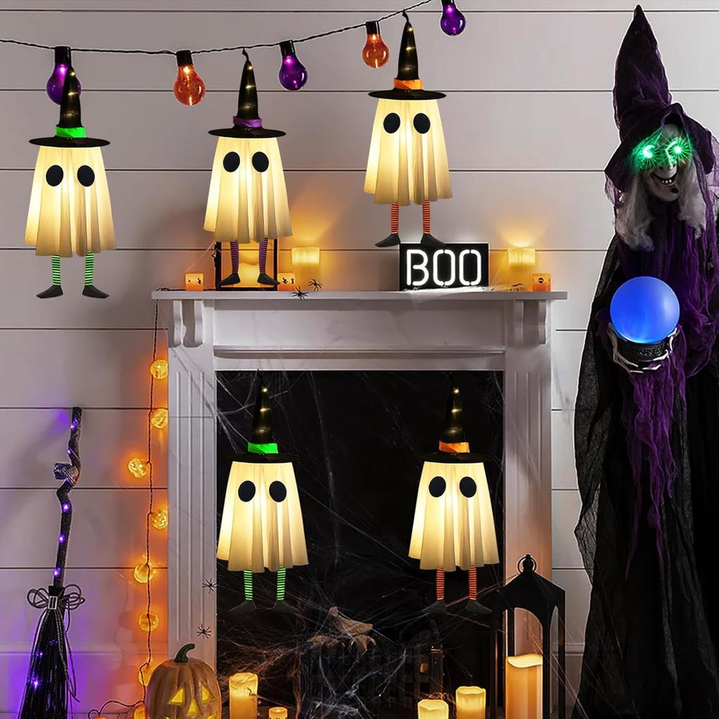 Set of 3 Halloween Hanging Ghosts, Halloween Decorations Outdoor with Witch Hat Lights Halloween Ghost Decor for Yard Patio Garden Tree Outside