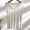 T-shirt da Donna Bianca Scollo a V Orlo Sfilacciato Manica Corta Aderente Morbida Elastica Casual Base