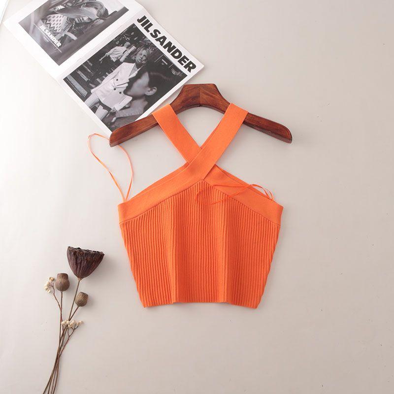 American Fashion Brand Cross Hanging Neck Cami Summer Rib Solid Sexy Short Knitted Top Women