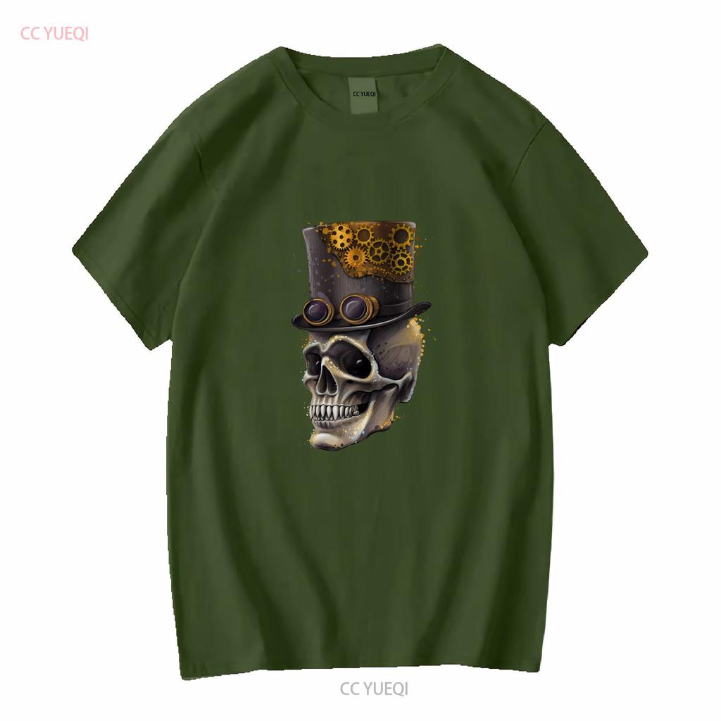 Steampunk Skull Unisexs Cotton T Shirt Top Long Or Short Sleeves Vintage Washed Versatile Top For Everyday Wear Stylish