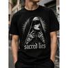 Męski T-shirt Gotycki z Graficznym Nadrukiem Święte Kłamstwa Zakonnica z Zasłoniętymi Oczami Krótki Rękaw Okrągły Dekolt Miękka Bawełna Streetwear Styl Punk Rock Codzienny