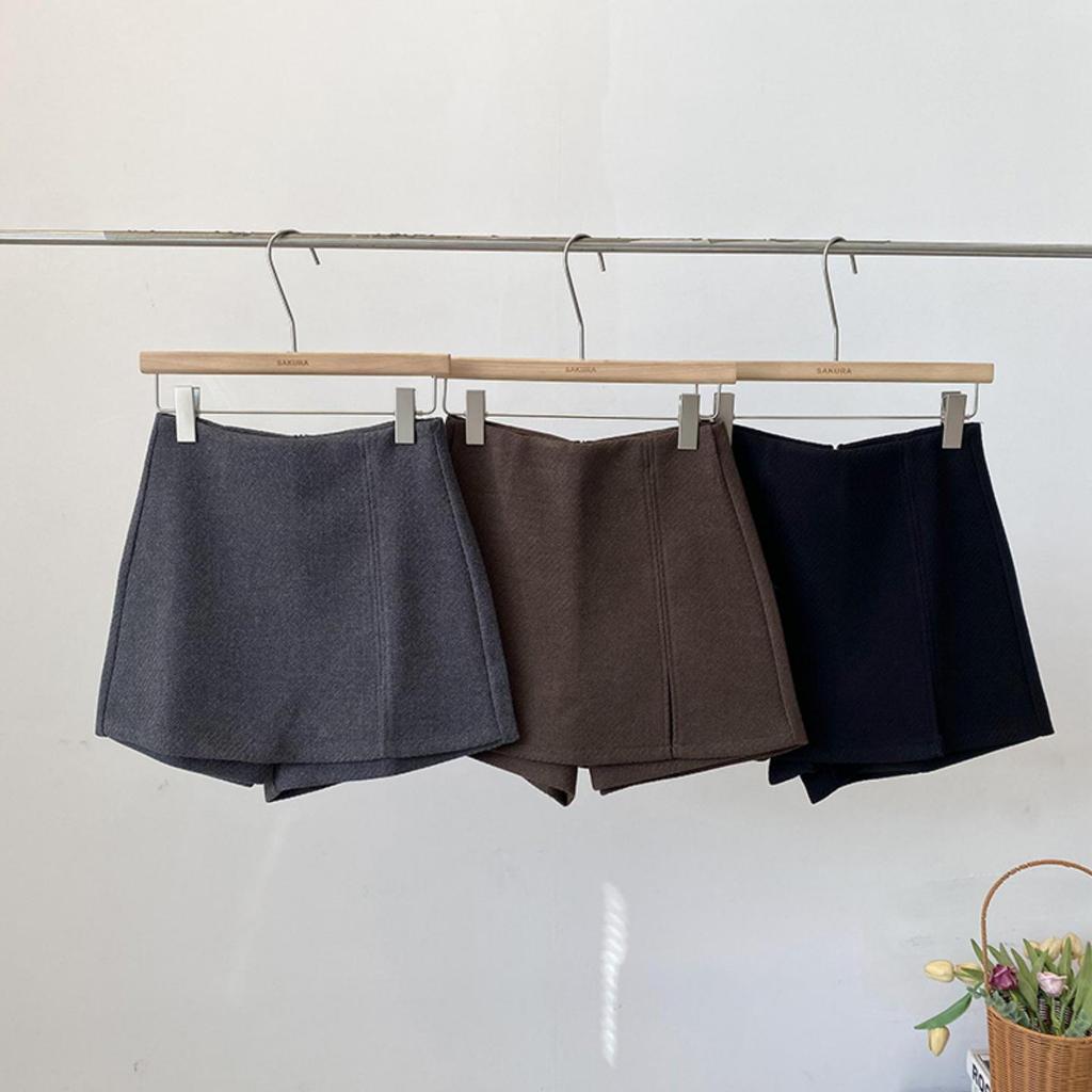 Women's Plus Size Grey Woolen A-Line Casual Skirt Pants - Korean Style High-Waisted Winter Shorts Skirt