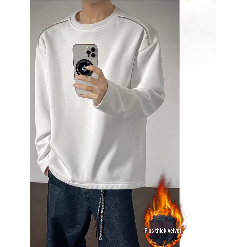 Men s Black Long-Sleeve Zipper Hoodie, Velvet Lined, Crew Neck Base Layer for Autumn/Winter L