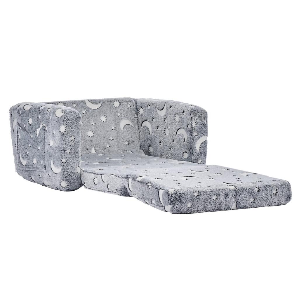 2-in-1 Kids Sofa, Foldable Toddler Soft Couch with Armrests, Glow in the Dark Kids Couch Fold Out with 28D Sponge & Flannel, Convertible Toddler Chair