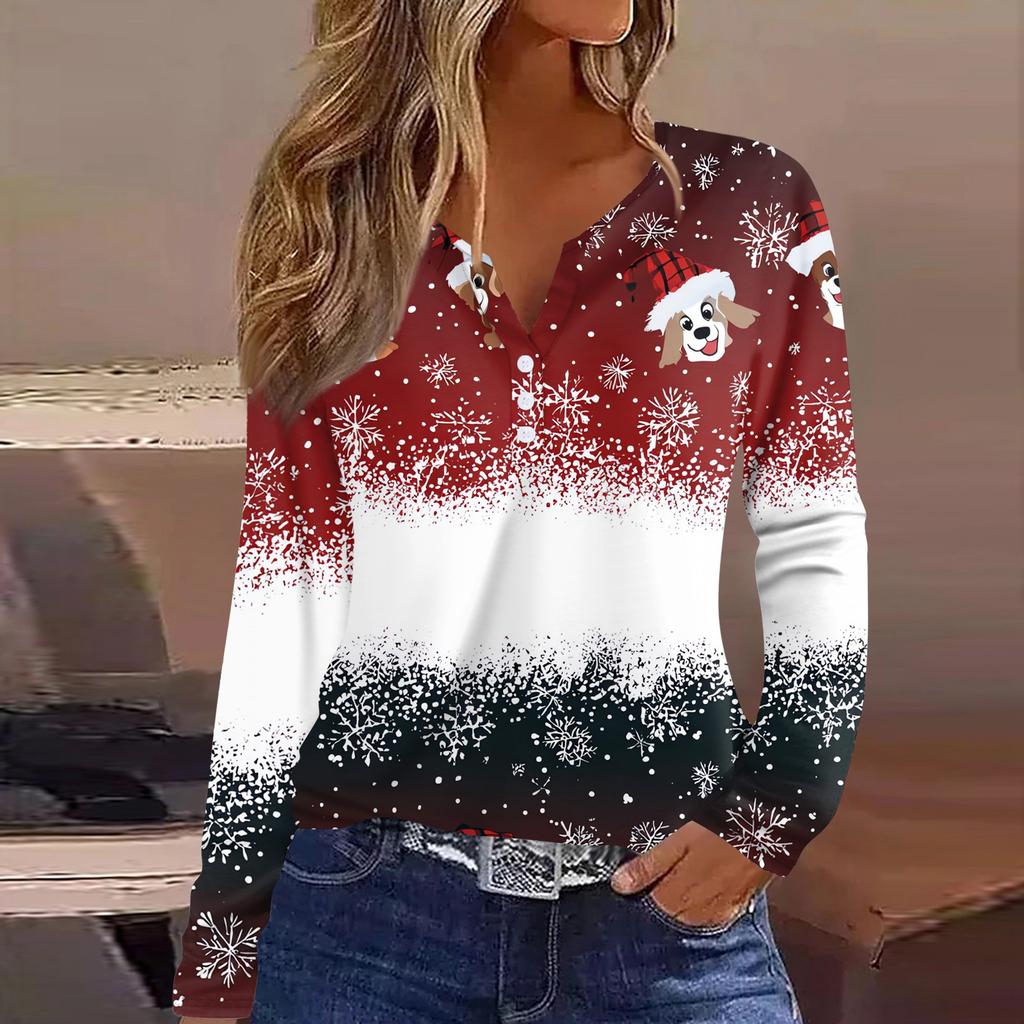 Women's T Shirt Tee Christmas Printed Button Long Sleeve Tunic Daily Weekend Fashion Basic V- Neck Regular Top