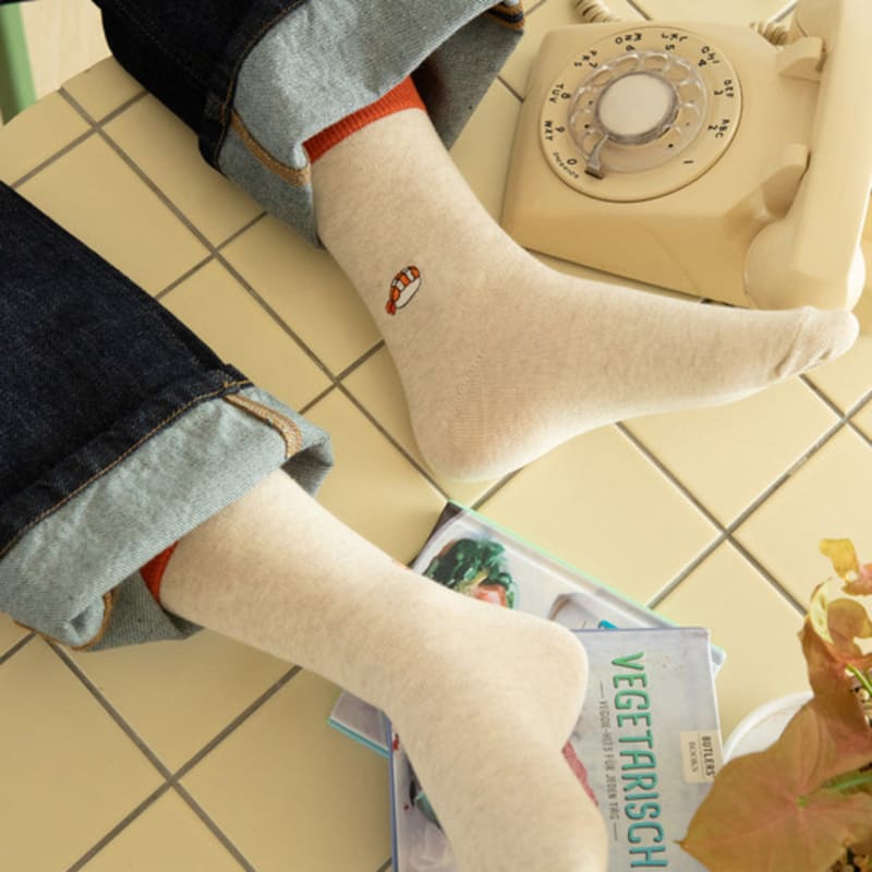 SNOOZY Sushi Embroidered Socks (Oatmeal Orange)
