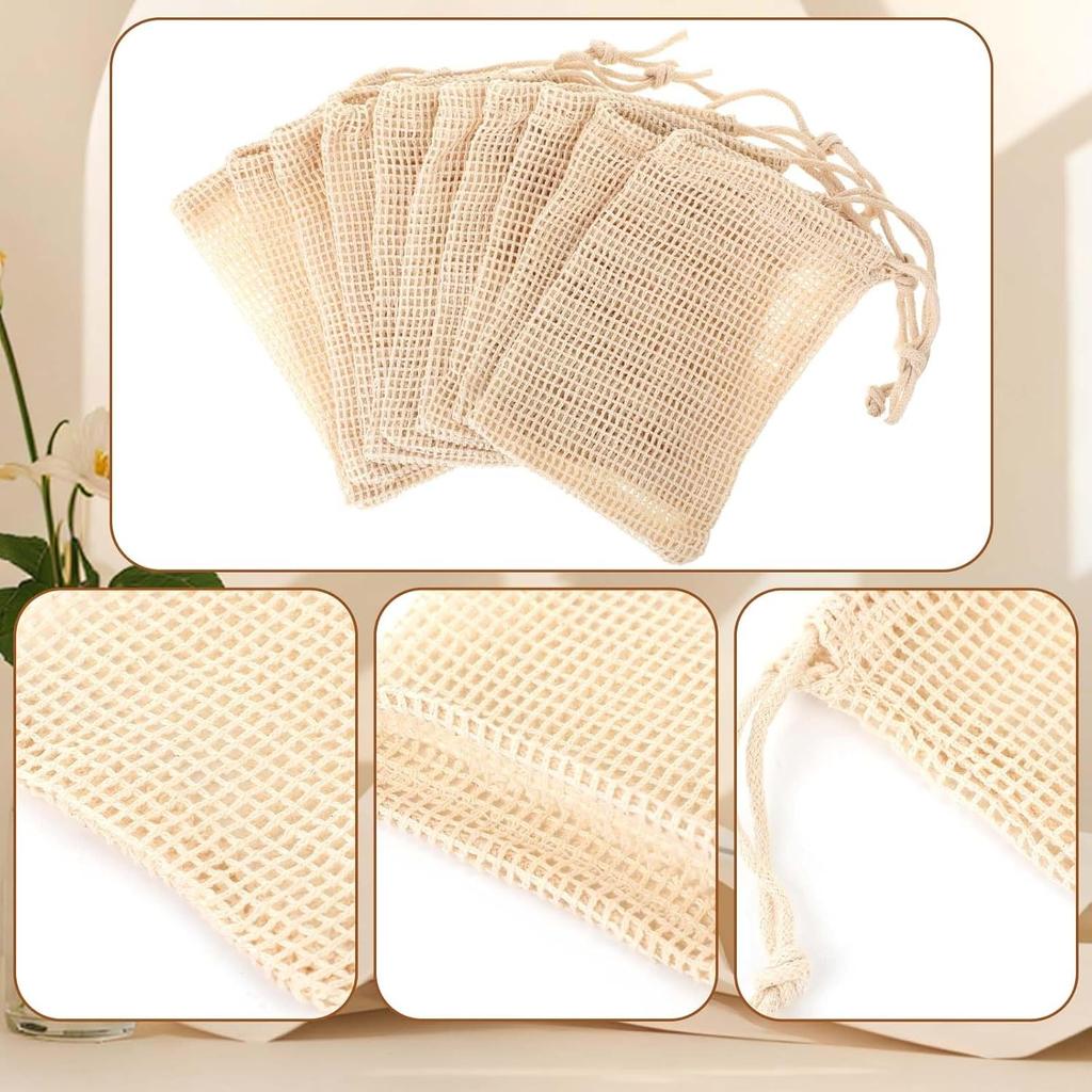 10 PCS Soap Bags Natural Sisal Soap Saver for Foaming and Drying Bubble Mesh Soap Scrubber Pouch Handmade Cotton Bag with Drawstring Body Facial Clean