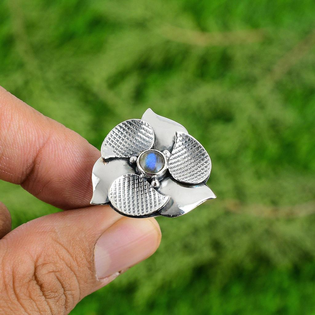 Natural Labradorite Stackable Flower Adjustable Ring 925 Silver For Women