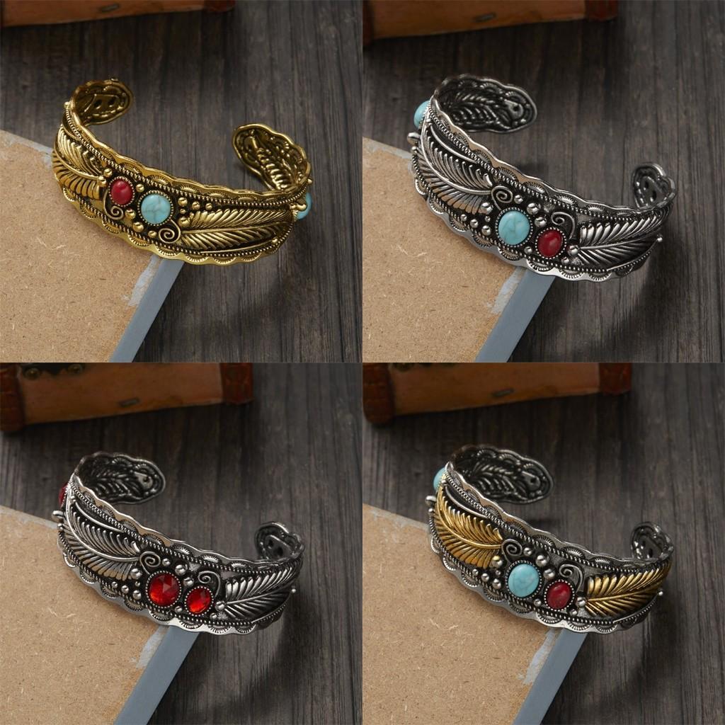 Style Oval Turquoise Bracelet With Vintage Two Tone Leaf Design For Women
