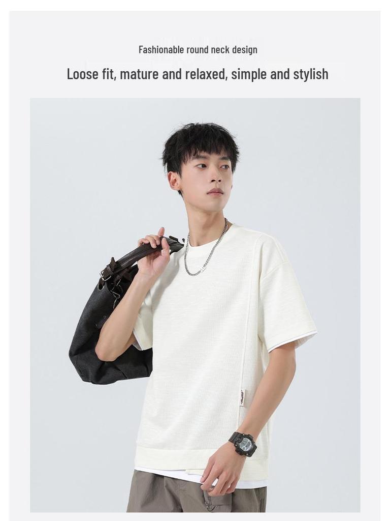 Men's Summer Two-Piece Loose Bamboo Pattern Heavyweight T-Shirt