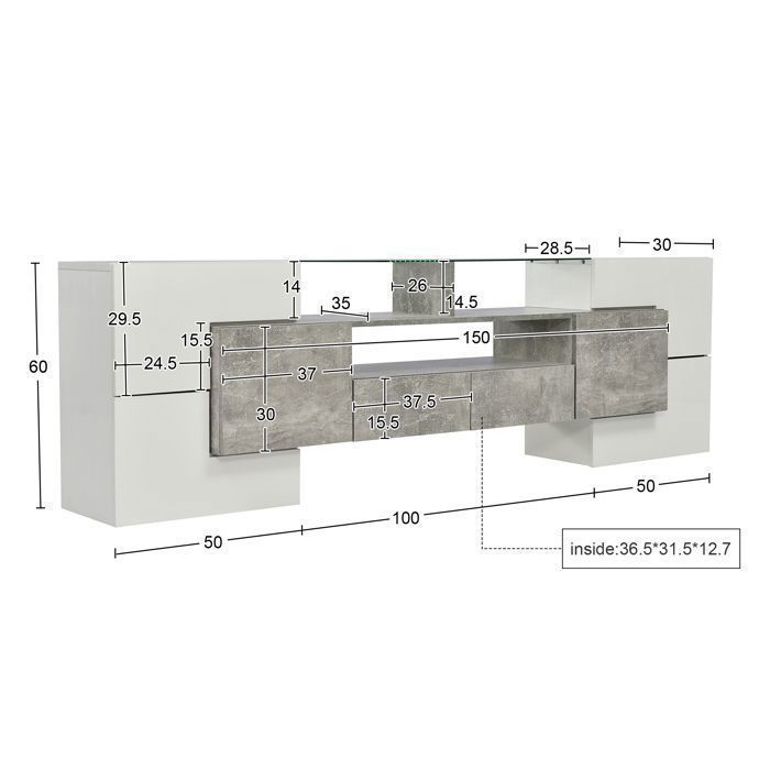 Meuble TV - MDF - 200 Cm - LED Multicolore - Blanc Brillant & Gris Effet Béton