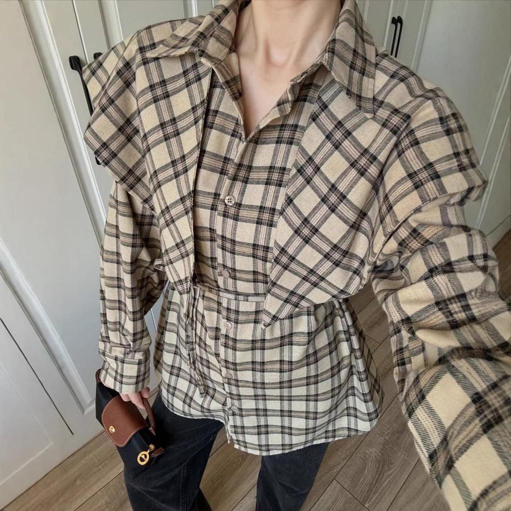 Ensemble chemise à carreaux et châle pour femmes européennes et américaines 2026: Mode Trois-en-un à Manches Longues avec Taille à Nouer.