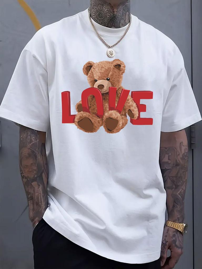 Love Bear Graphic Print Men's Luxury Cotton Short Sleeved T-shirt Summer Unisex Men's and Women's Street Fashion Clothing