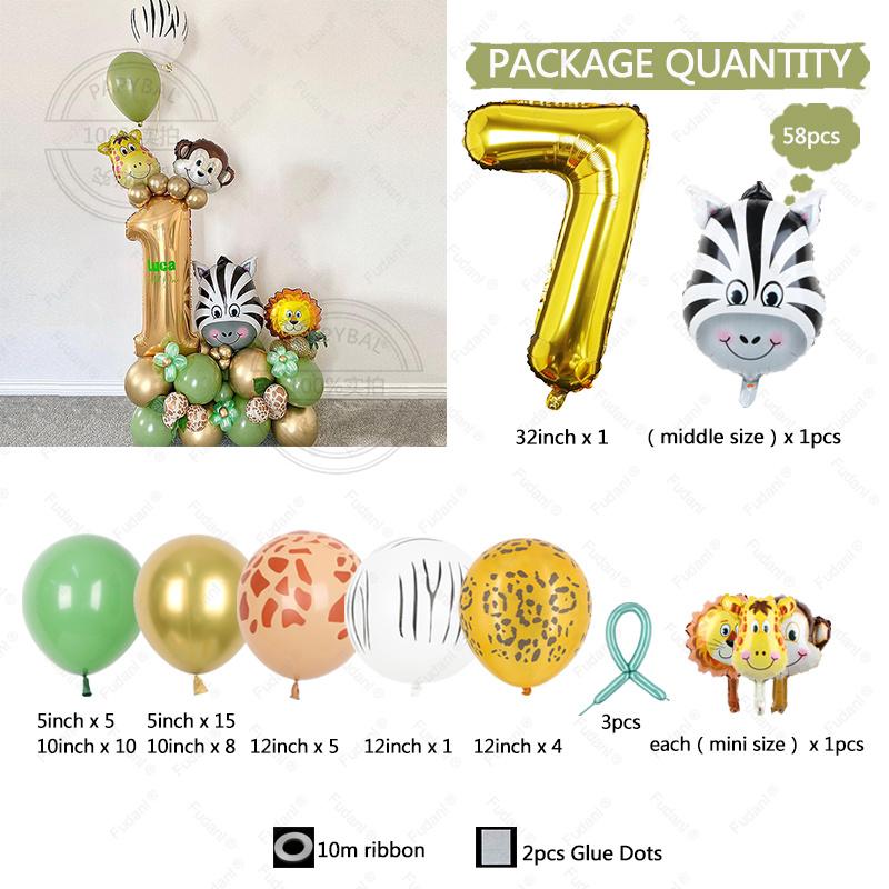 58pcs Wild Jungle Party Theme Gold Number 1-9 Balloon Garland Kit Birthday Baby Shower Gender Reveal Party Supplies Decorations