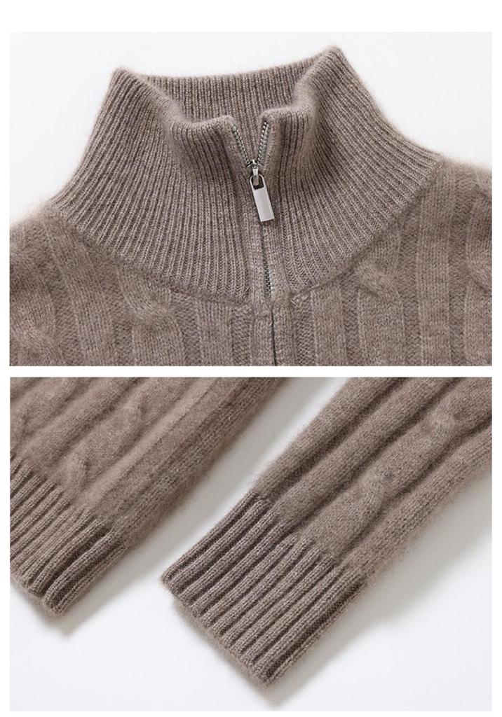 Luxury Double Zipper Heavy Duty Cable Knit Cashmere Cardigan for Women - High Neck, Loose Fit, Slimming, Thick Sweater Coat