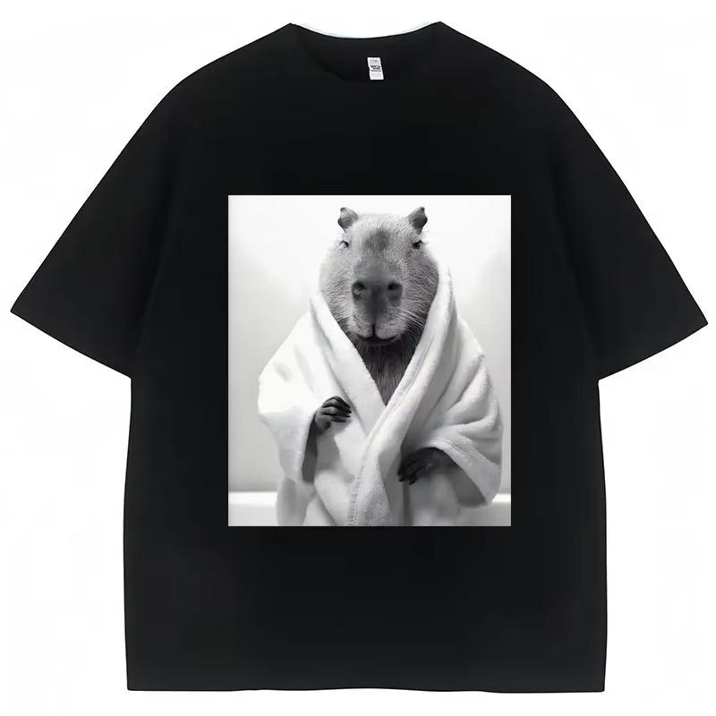 Funny Capybara in Bathrobe Print T Shirts Creativity Popular Unisex Summer Short Sleeve 100 Cotton Oversized Casual Tees Unisex