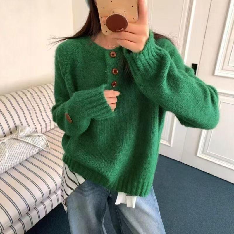 Herbst und Winter Rundhals Pullover Gestrickter Pullover für Damen Locker Lässig Langärmliges Innenoberteil