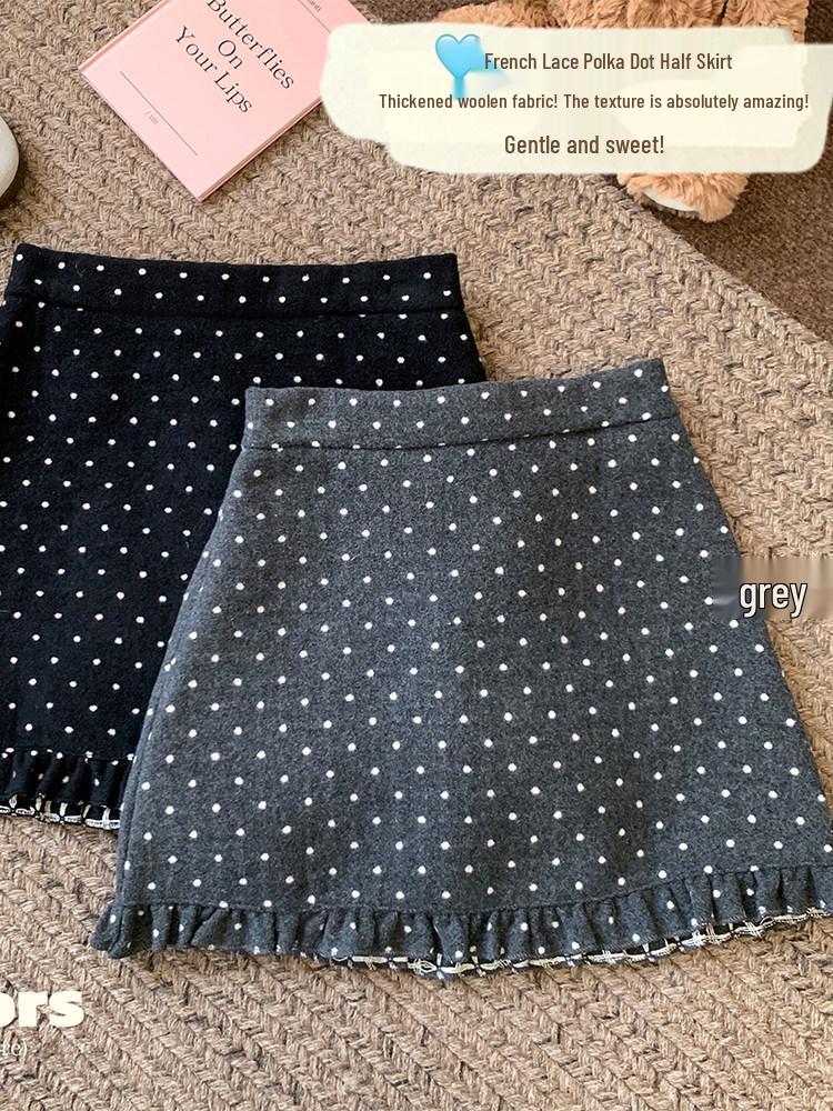 Gray Woolen Polka Dot A-line Short Skirt for Women - Winter 2026 Style