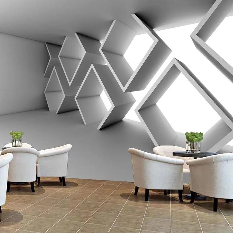 Carta da parati 3D astratta con muro di cemento, edifici geometrici, espansione dello spazio, camera da letto, divano