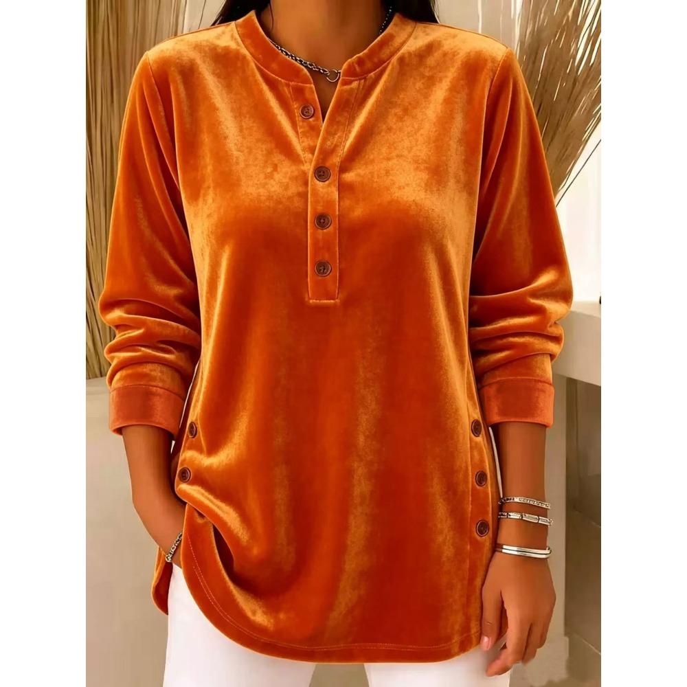 Autumn Winter New Women's Gold Velvet Top Casual Loose V-Neck Button Long Sleeve T-Shirt Velour Tee