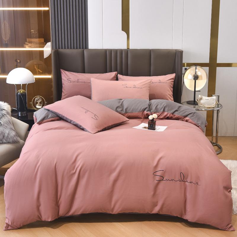 Solid Color Embroidery Simple Grinding Four-piece Set European Solid Color Embroidery Quilt Cover Bed Sheet Bedding