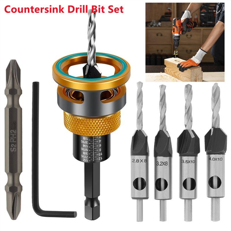 SHGO-Woodworking Adjustable Depth Step Drill High-Speed Steel Limit Four Edge Countersink Drill Screw