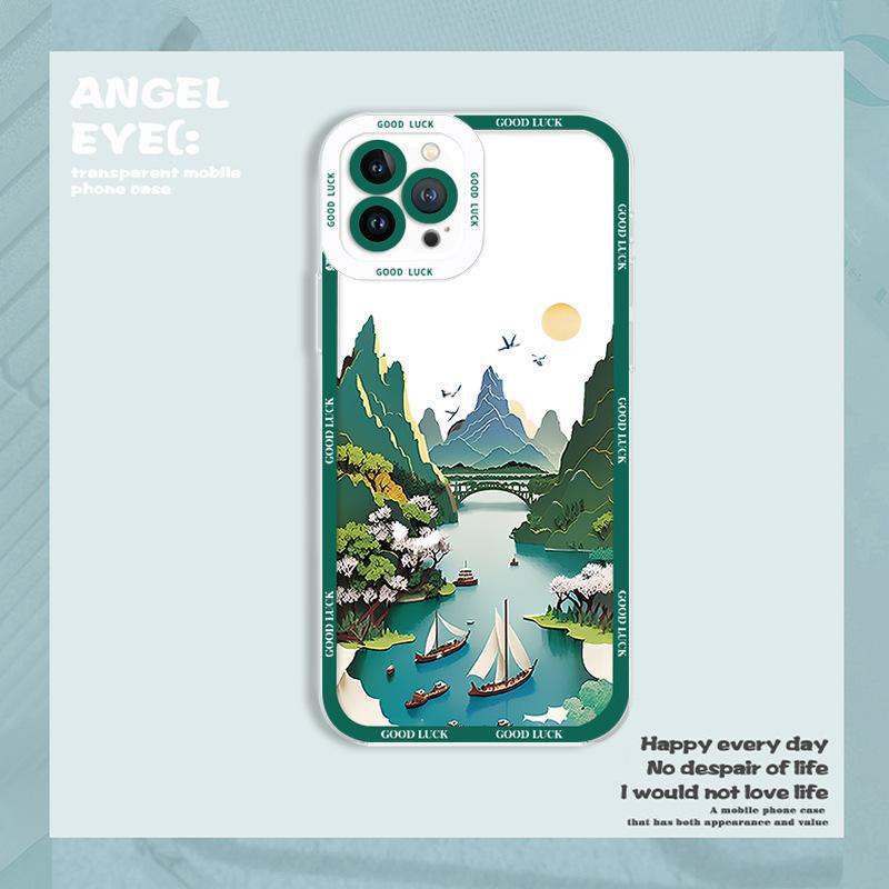 New Chinese-style Guochao Shanshui mobile phone case Apple 14promax light and transparent soft case iPhone17 summer new Apple 17