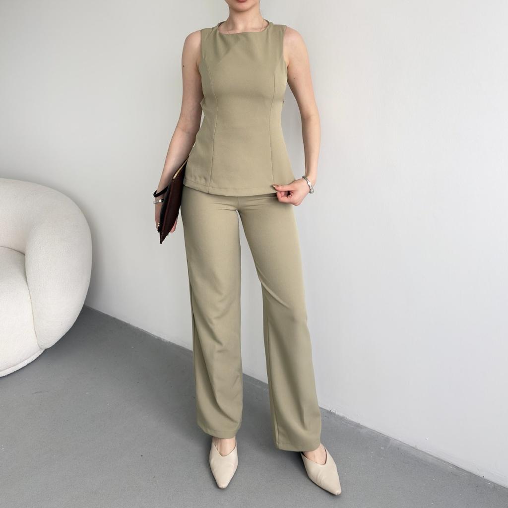 European and women's clothing new round neck sleeveless lace-up waist halter top high waist straight pants set