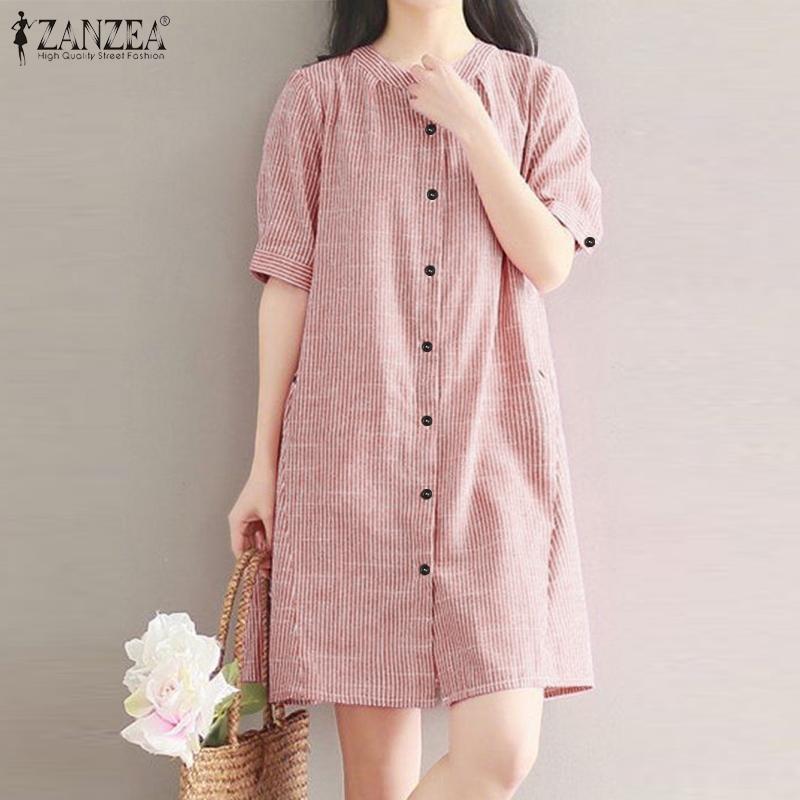ZANZEA Women Round Neck Short Sleeve Striped Casual Shirts Dress