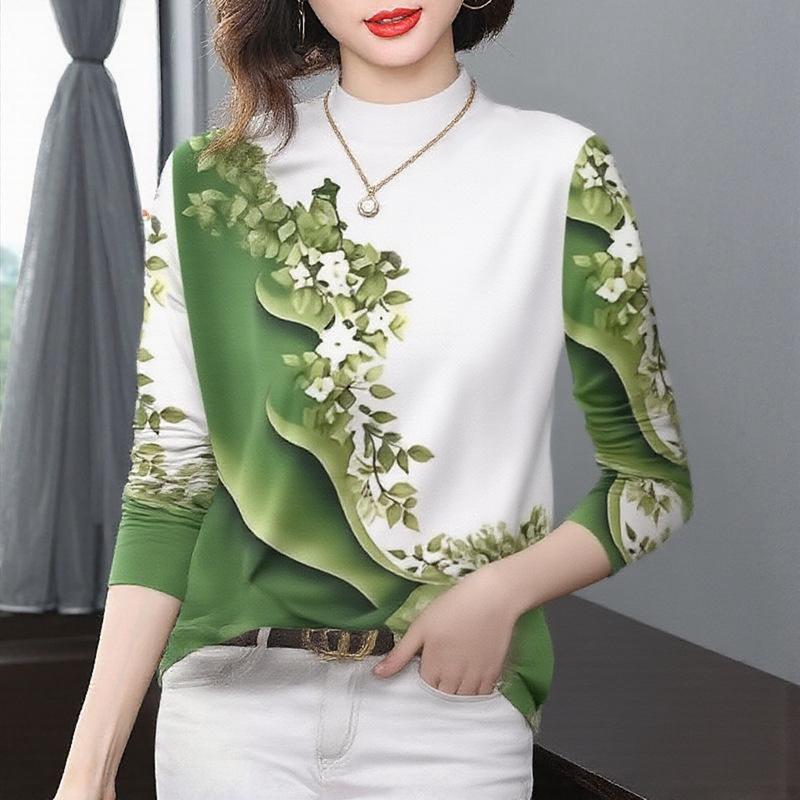 Women's Fleece-Lined Printed Long-Sleeve Top: Loose, Stylish, Warm Base Layer for Middle-Aged & Elderly Mothers